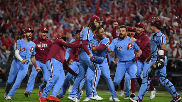 Oct 12, 2023; Philadelphia, Pennsylvania, USA; Philadelphia Phillies and relief pitcher Matt Strahm (25) celebrate the series victory against the Atlanta Braves following game four of the NLDS for the 2023 MLB playoffs at Citizens Bank Park. Mandatory Credit: Eric Hartline-USA TODAY Sports  